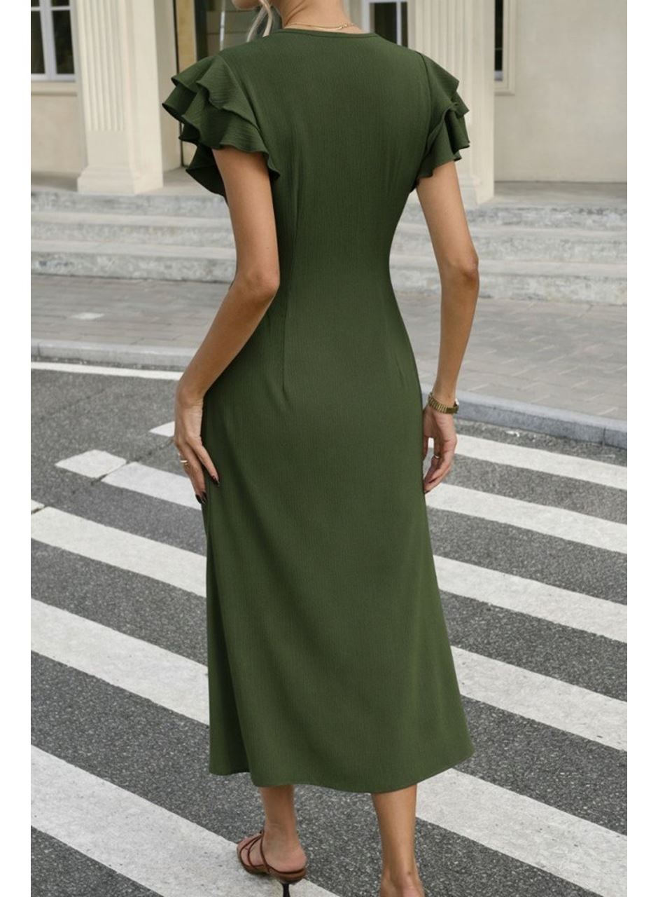 Kadın Kısa Kollu V Yakalı önden Düğmeli Bürümcük Midi Elbise