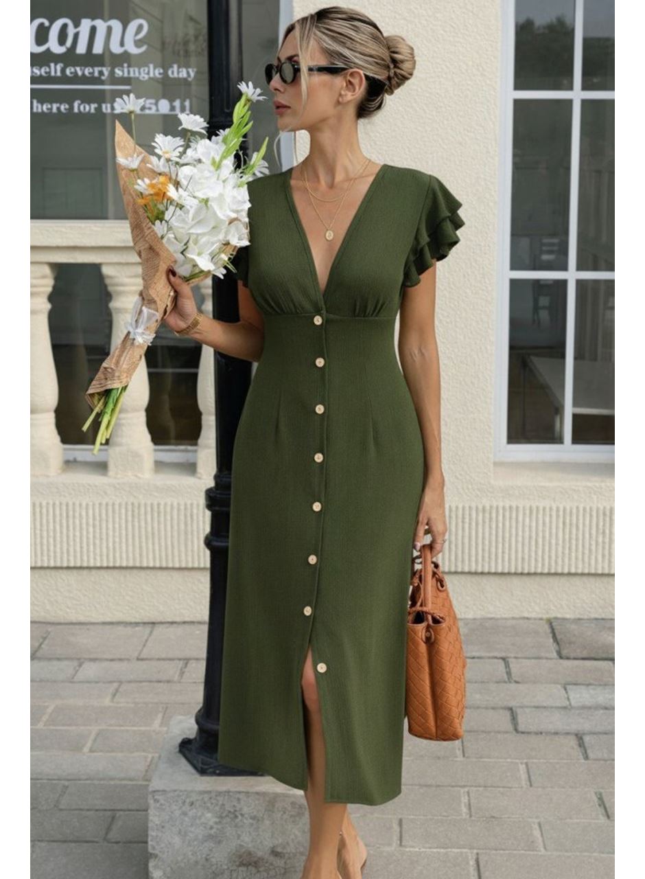 Kadın Kısa Kollu V Yakalı önden Düğmeli Bürümcük Midi Elbise