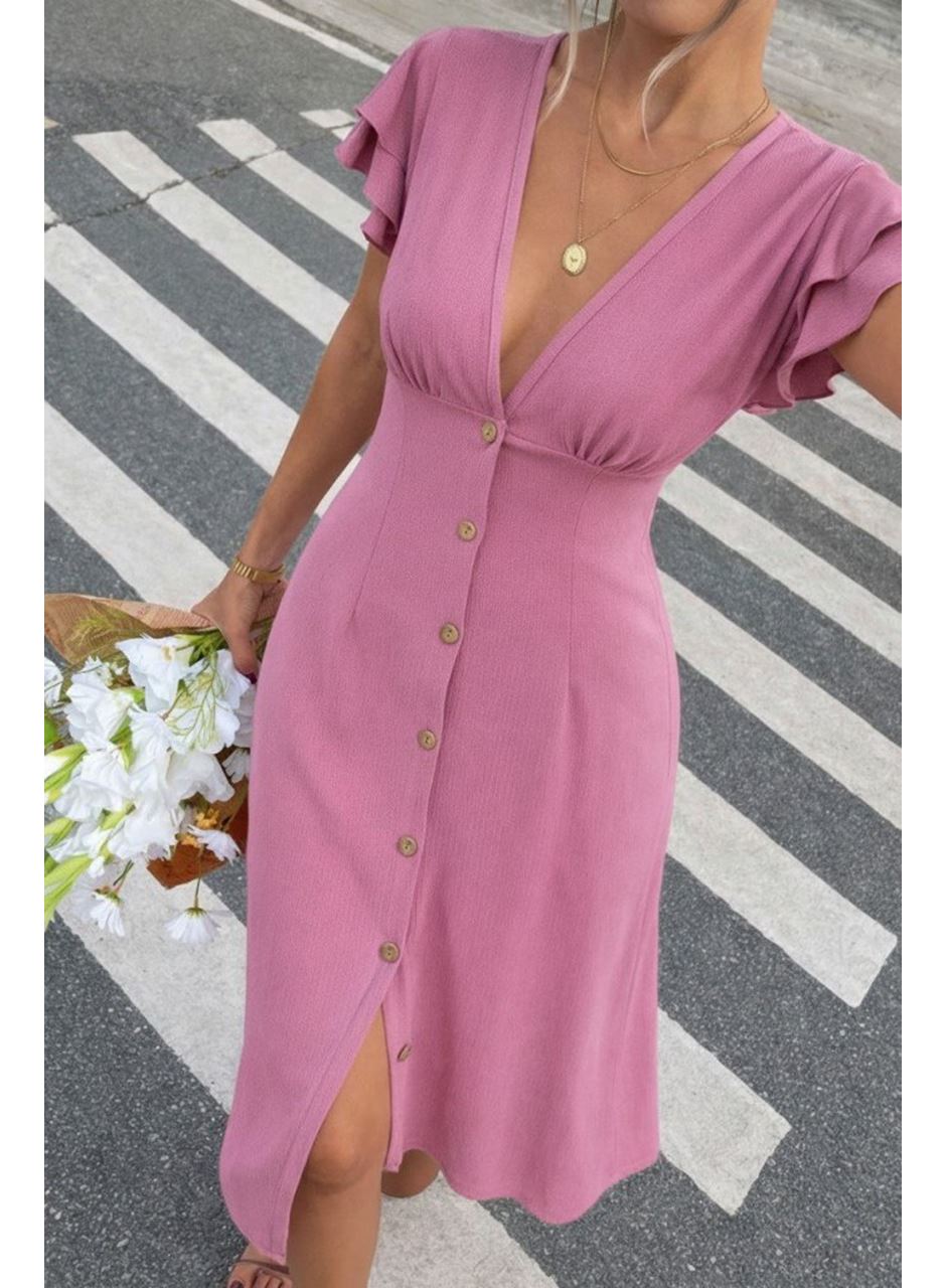 Kadın Kısa Kollu V Yakalı önden Düğmeli Bürümcük Midi Elbise