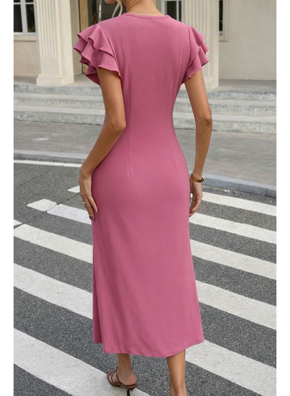 Kadın Kısa Kollu V Yakalı önden Düğmeli Bürümcük Midi Elbise