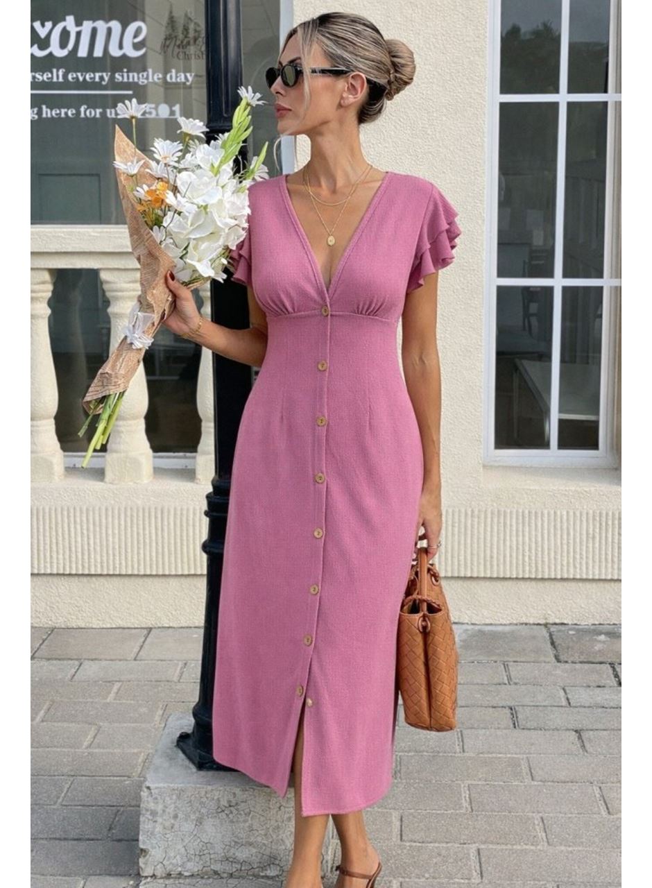 Kadın Kısa Kollu V Yakalı önden Düğmeli Bürümcük Midi Elbise