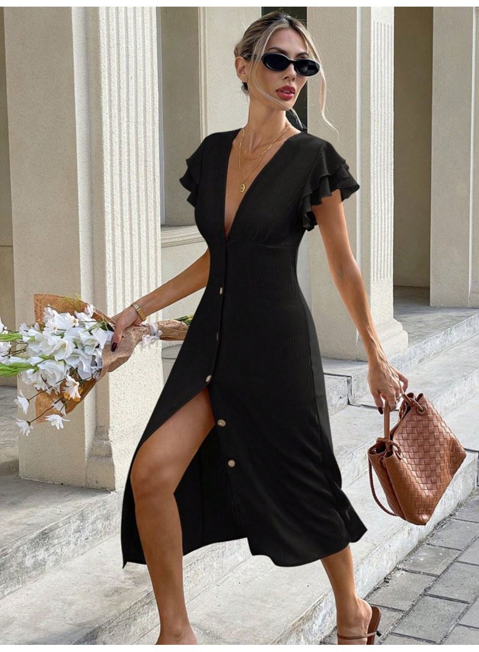 Kadın Kısa Kollu V Yakalı önden Düğmeli Bürümcük Midi Elbise