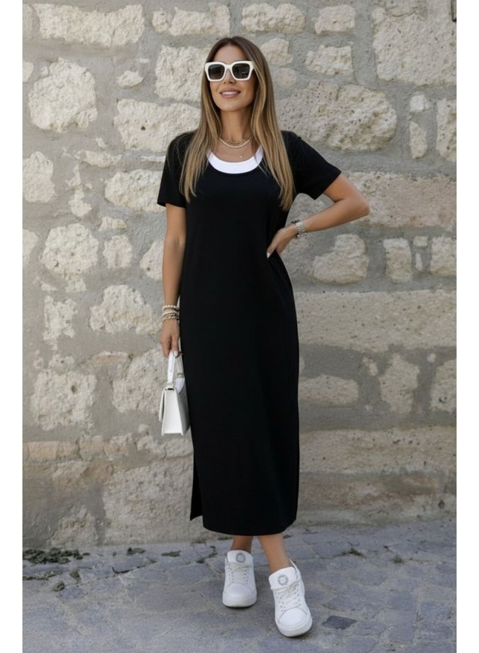 Kadın Kısa Kollu Içi Atlet Görünümlü Yandan Yırtmaçlı Uzun Viskon Elbise