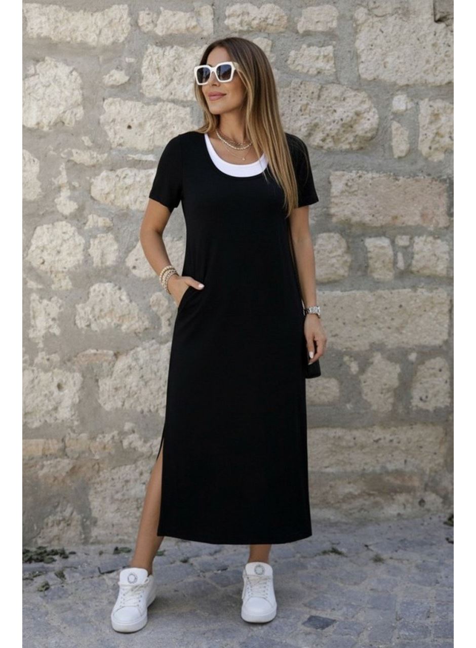 Kadın Kısa Kollu Içi Atlet Görünümlü Yandan Yırtmaçlı Uzun Viskon Elbise