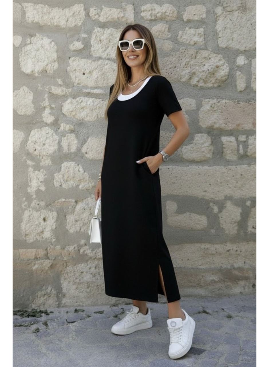 Kadın Kısa Kollu Içi Atlet Görünümlü Yandan Yırtmaçlı Uzun Viskon Elbise