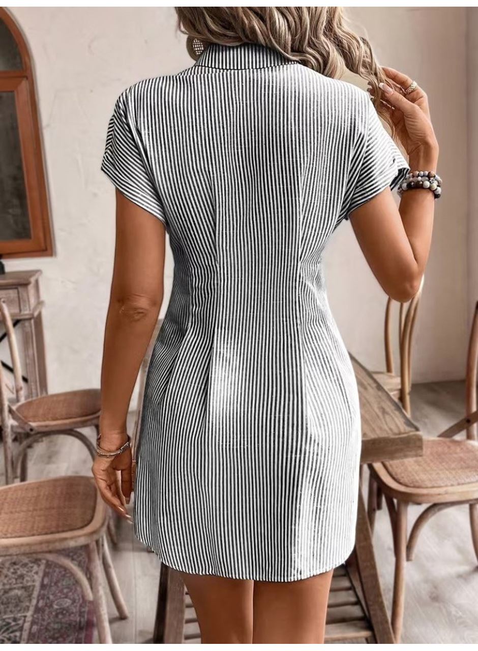 Kadın Kısa Kollu Yakalı önden Düğmeli Kısa Trikoton Elbise