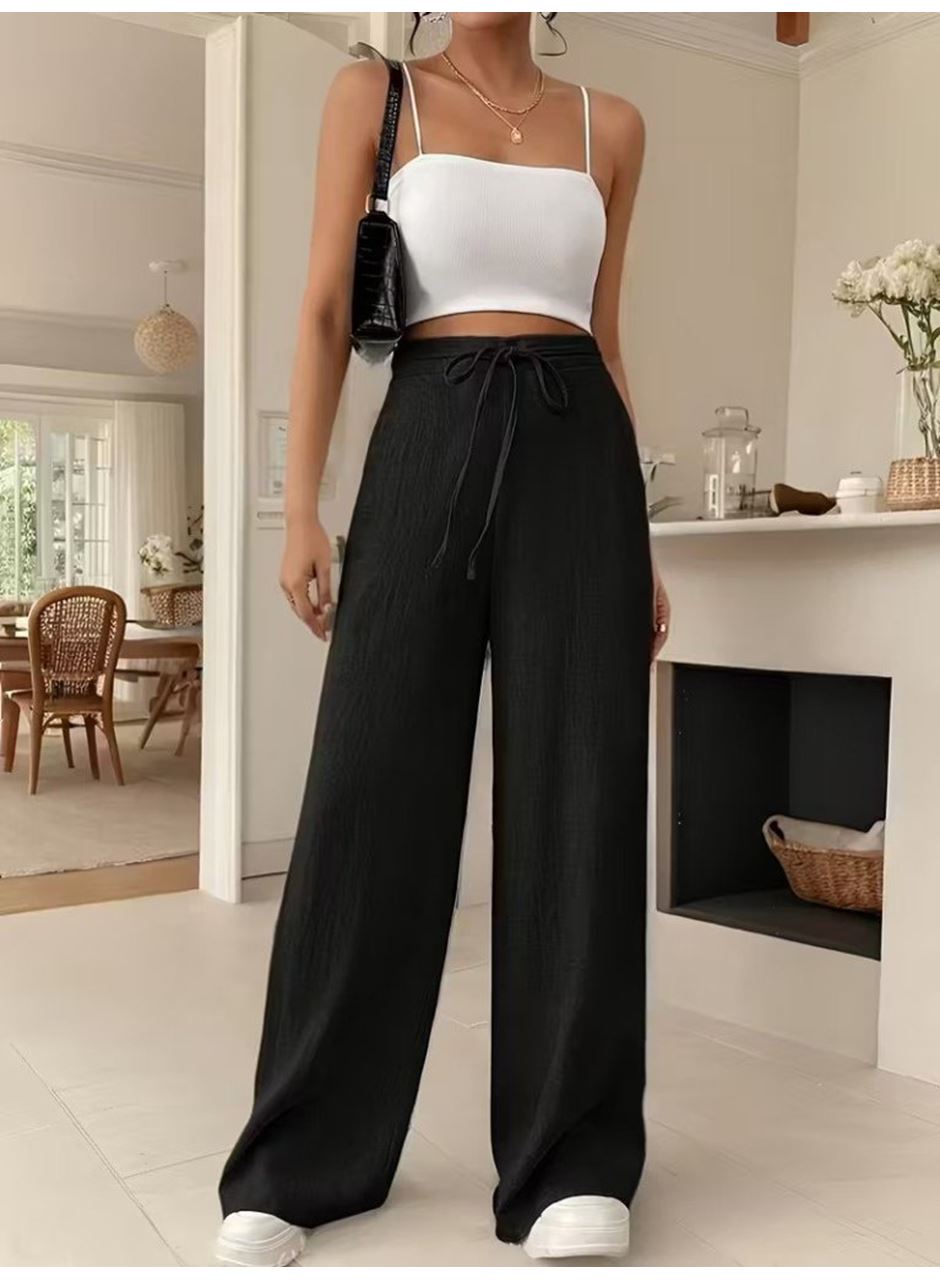 Kadın Yüksek Bel önden Bağlamalı Geniş Kesim Keten Pantolon
