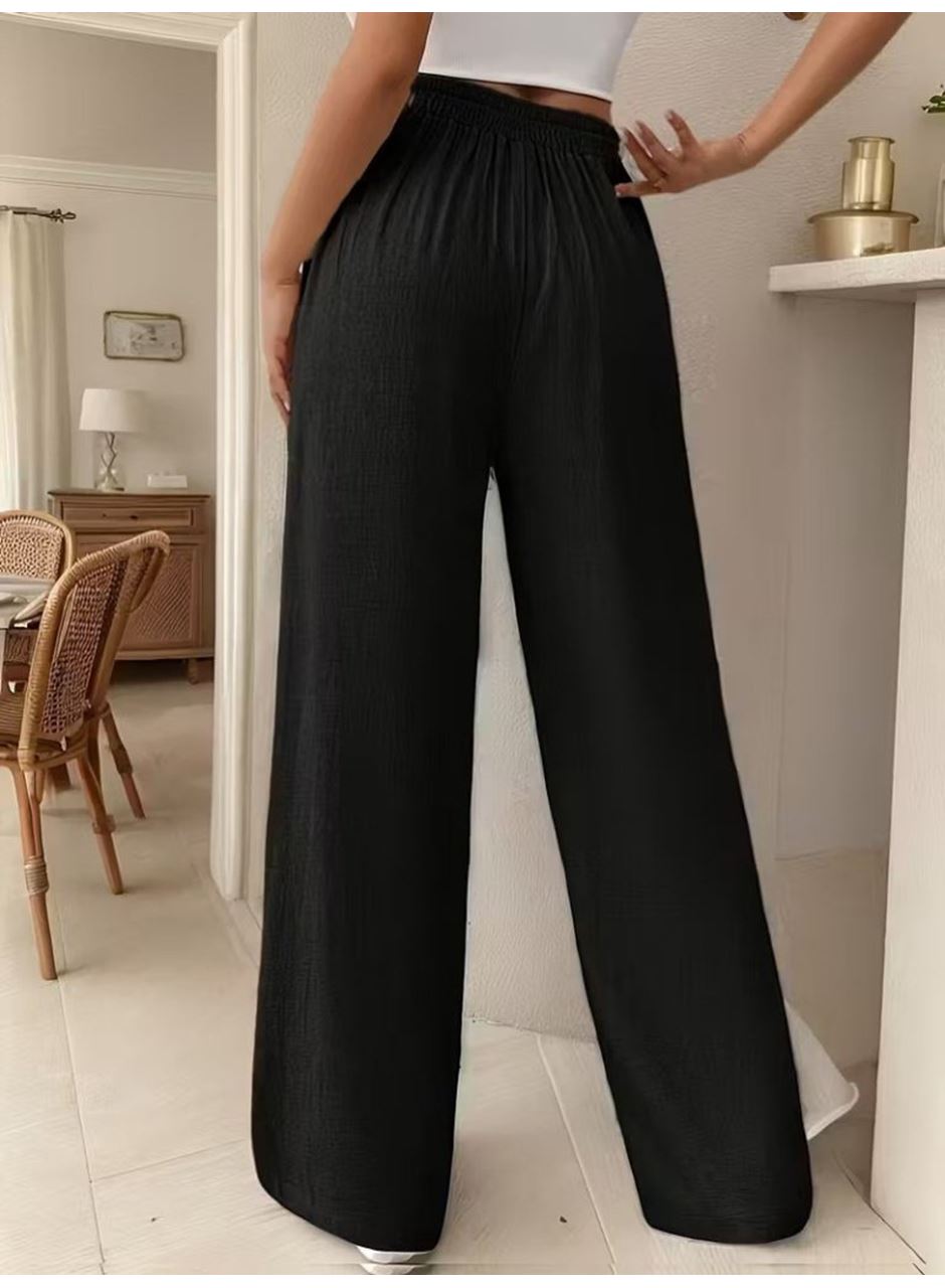 Kadın Yüksek Bel önden Bağlamalı Geniş Kesim Keten Pantolon