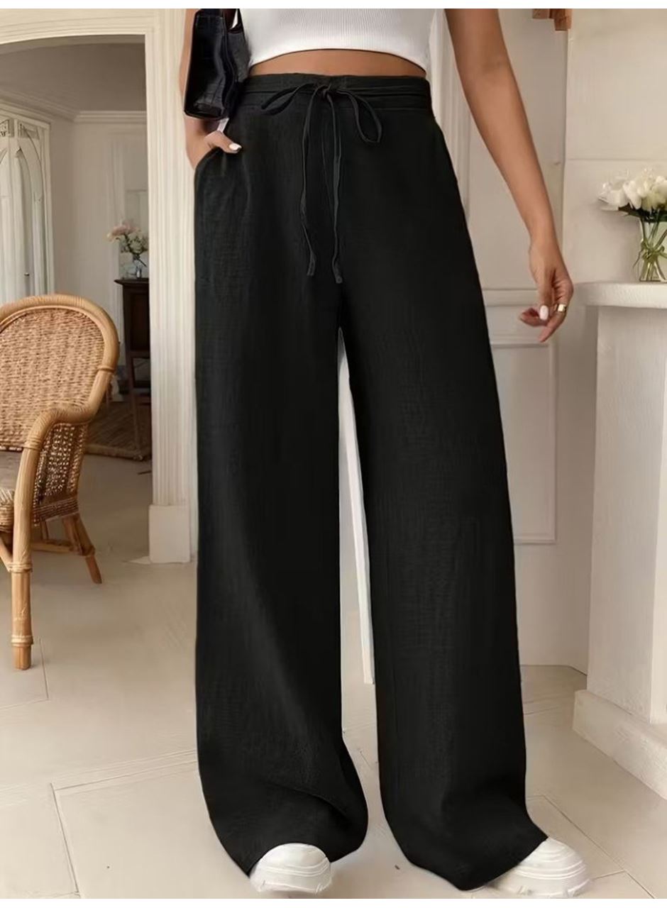 Kadın Yüksek Bel önden Bağlamalı Geniş Kesim Keten Pantolon