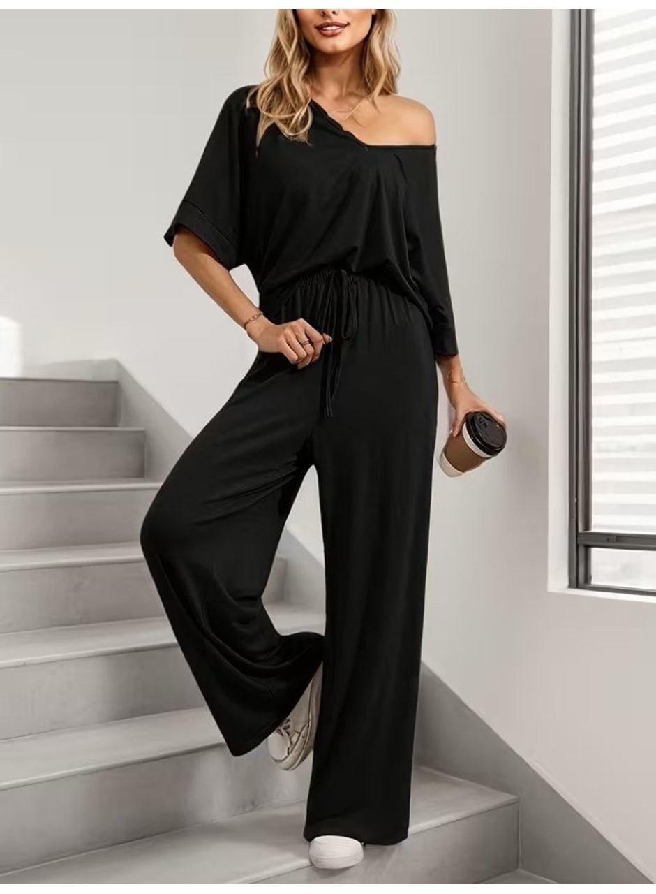 Kadın Kısa Kollu V Yakalı Viskon Bluz Ve Pantolon Ikili Takım