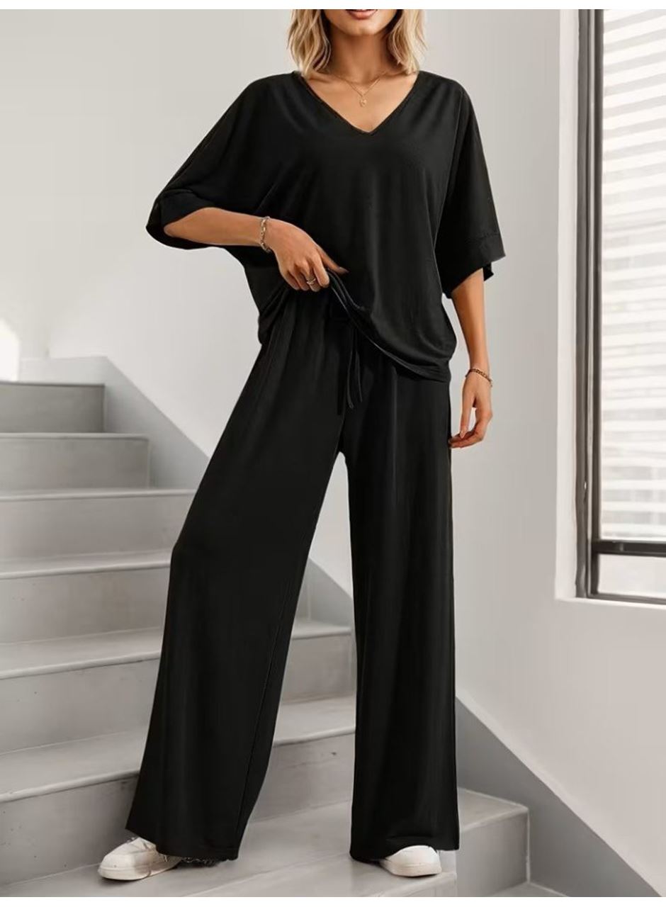 Kadın Kısa Kollu V Yakalı Viskon Bluz Ve Pantolon Ikili Takım