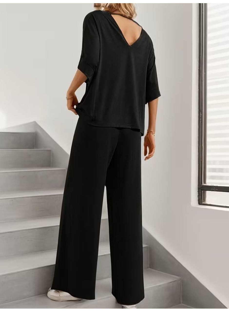 Kadın Kısa Kollu V Yakalı Viskon Bluz Ve Pantolon Ikili Takım