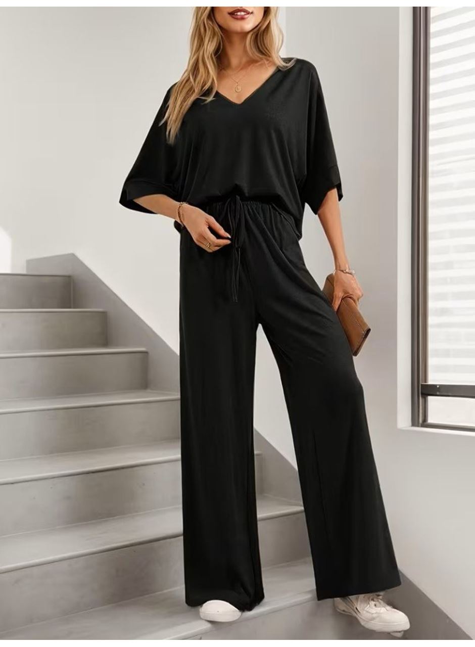 Kadın Kısa Kollu V Yakalı Viskon Bluz Ve Pantolon Ikili Takım