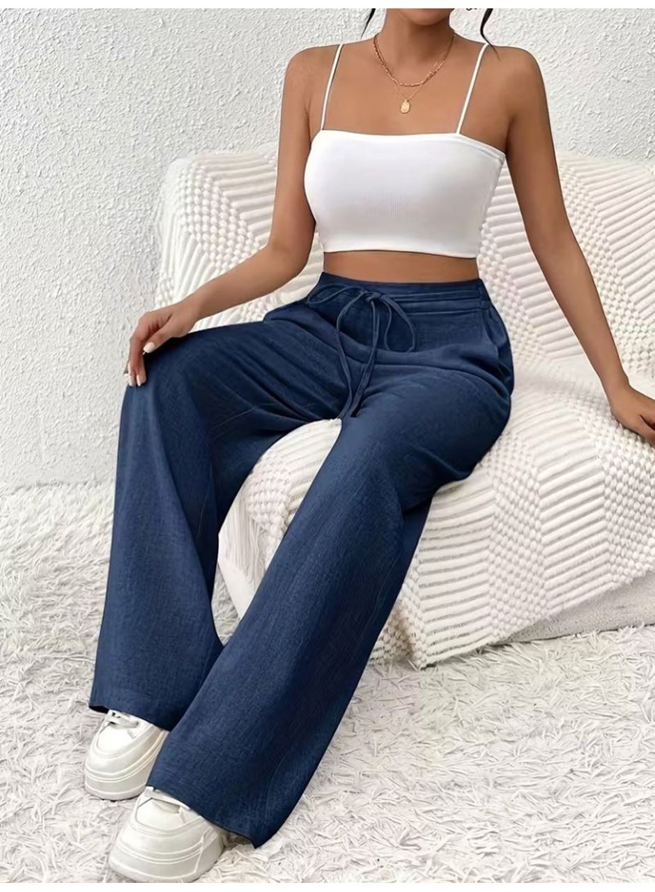 Kadın Yüksek Bel önden Bağlamalı Geniş Kesim Keten Pantolon