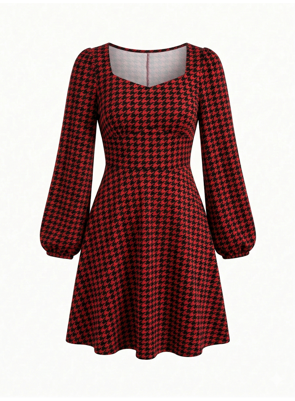 Kadın Uzun Kollu Kare Kalp Yakalı Mini Modal Elbise