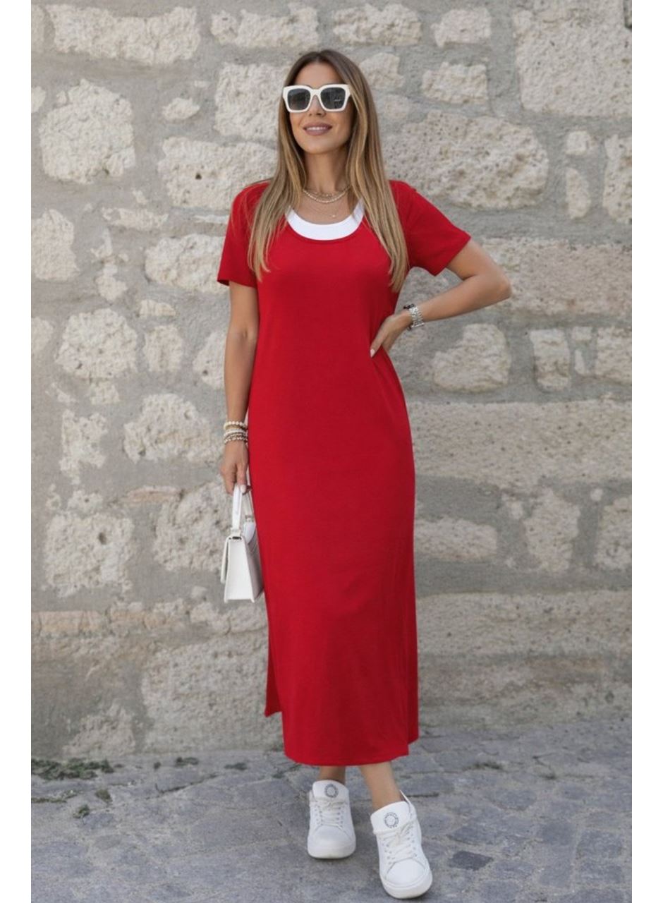 Kadın Kısa Kollu Içi Atlet Görünümlü Yandan Yırtmaçlı Uzun Viskon Elbise