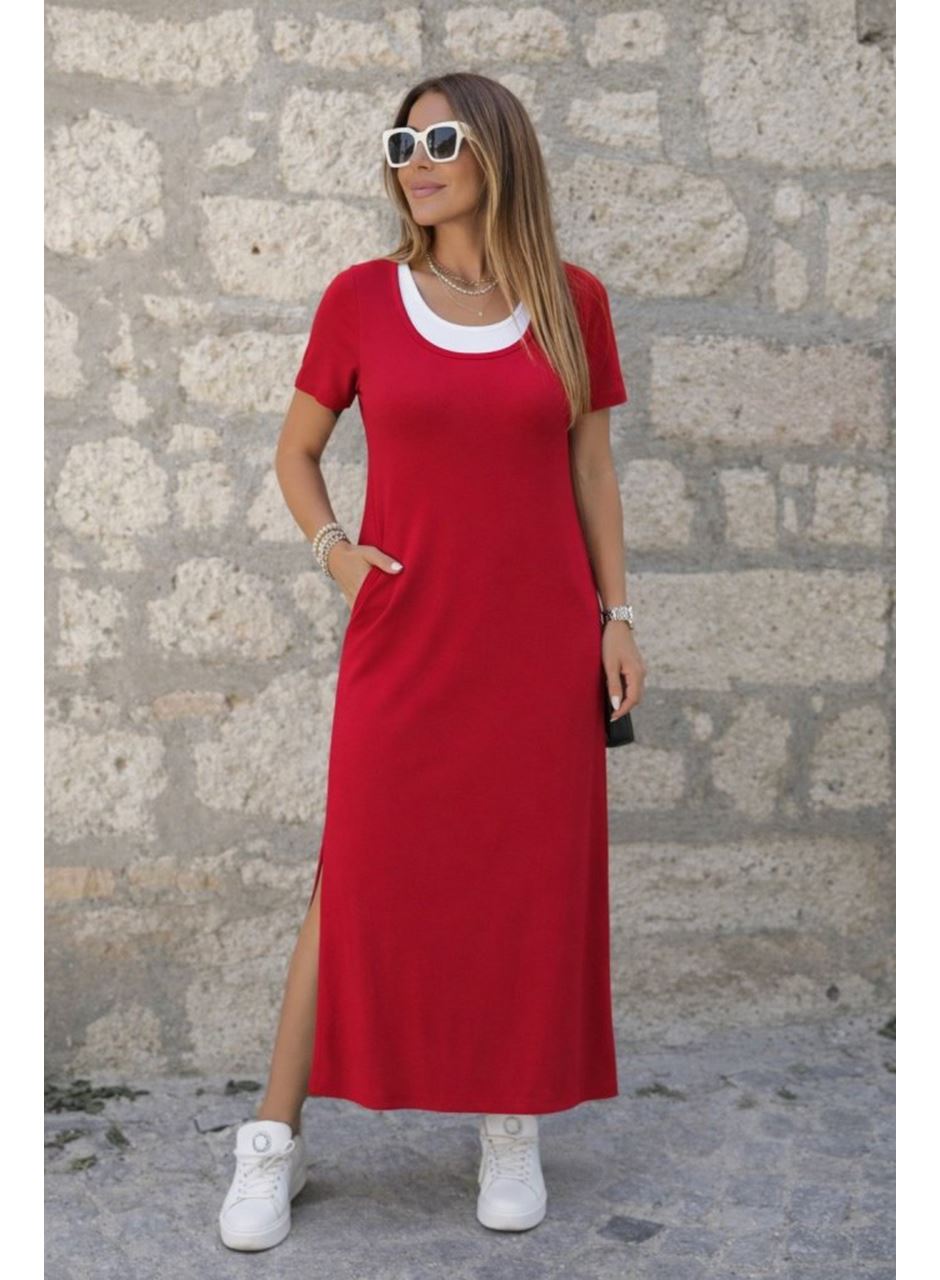 Kadın Kısa Kollu Içi Atlet Görünümlü Yandan Yırtmaçlı Uzun Viskon Elbise