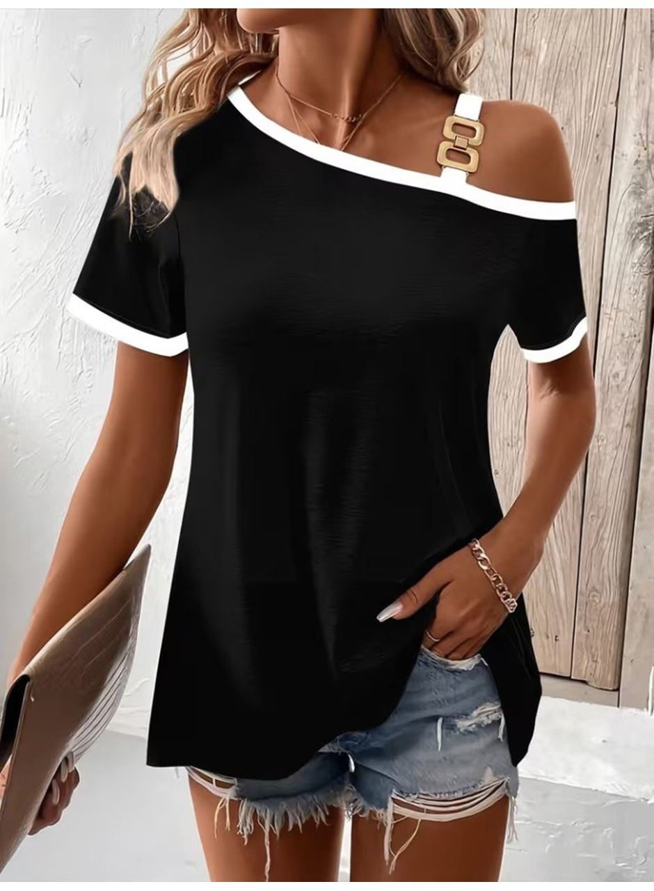 Kadın Kısa Kollu Tek Omuzu Açık Askı Toka Detaylı Viskon Bluz