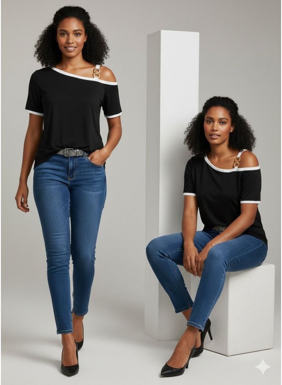 Kadın Kısa Kollu Tek Omuzu Açık Askı Toka Detaylı Viskon Bluz