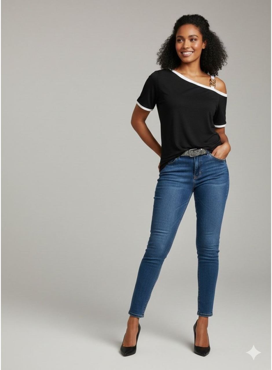 Kadın Kısa Kollu Tek Omuzu Açık Askı Toka Detaylı Viskon Bluz