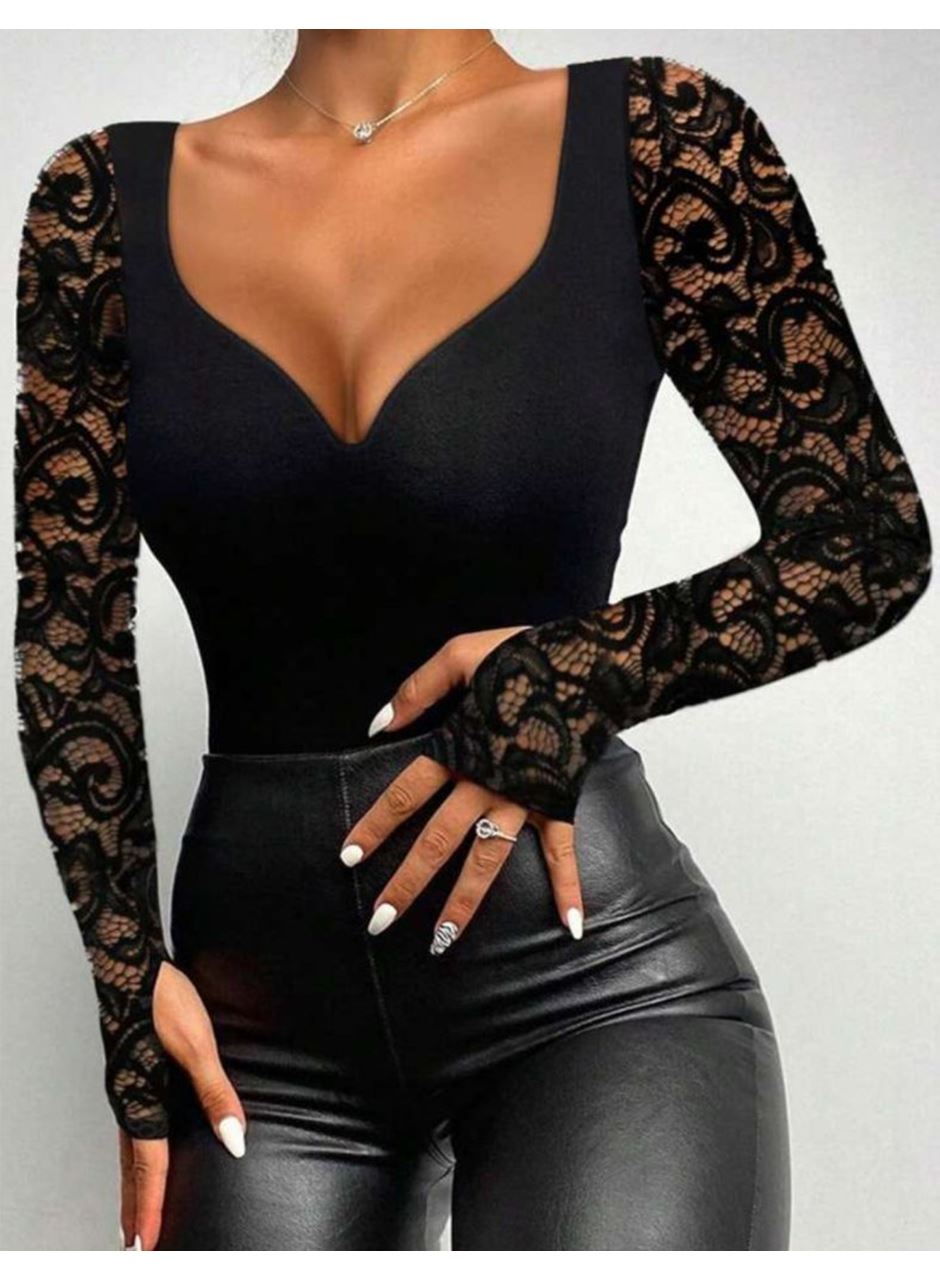 Kadın Uzun Kollu Dantelli Dekolte Detaylı Dalgıç Bluz