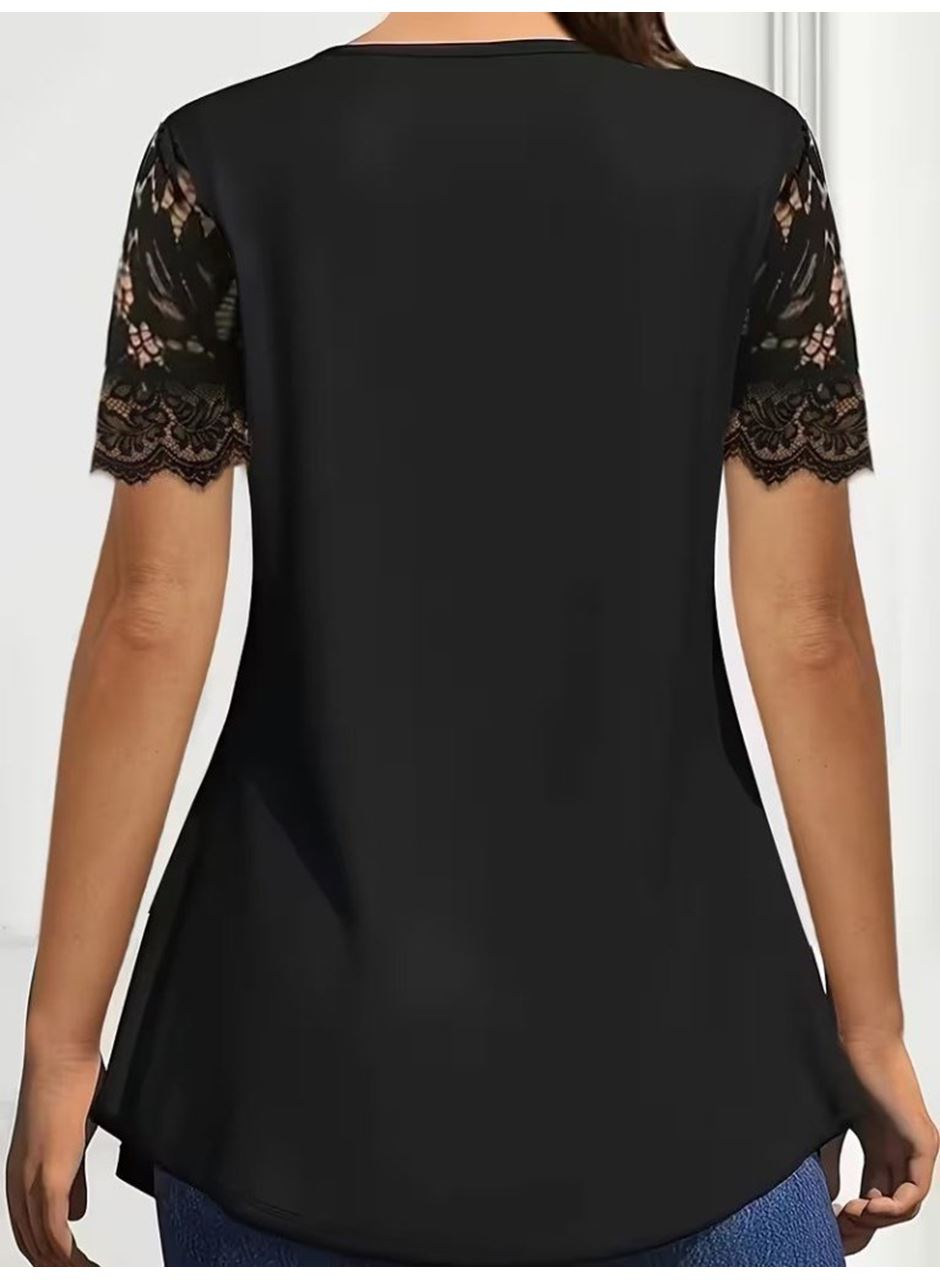 Kadın Kısa Kollu V Dantel Yakalı Düğmeli Viskon Bluz