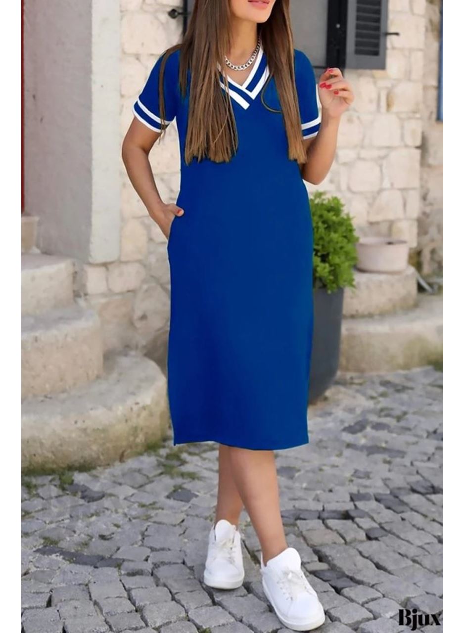 Kadın Kısa Kollu V Yaka Ve Yaka Ribana Detay Midiboy Viskon Elbise