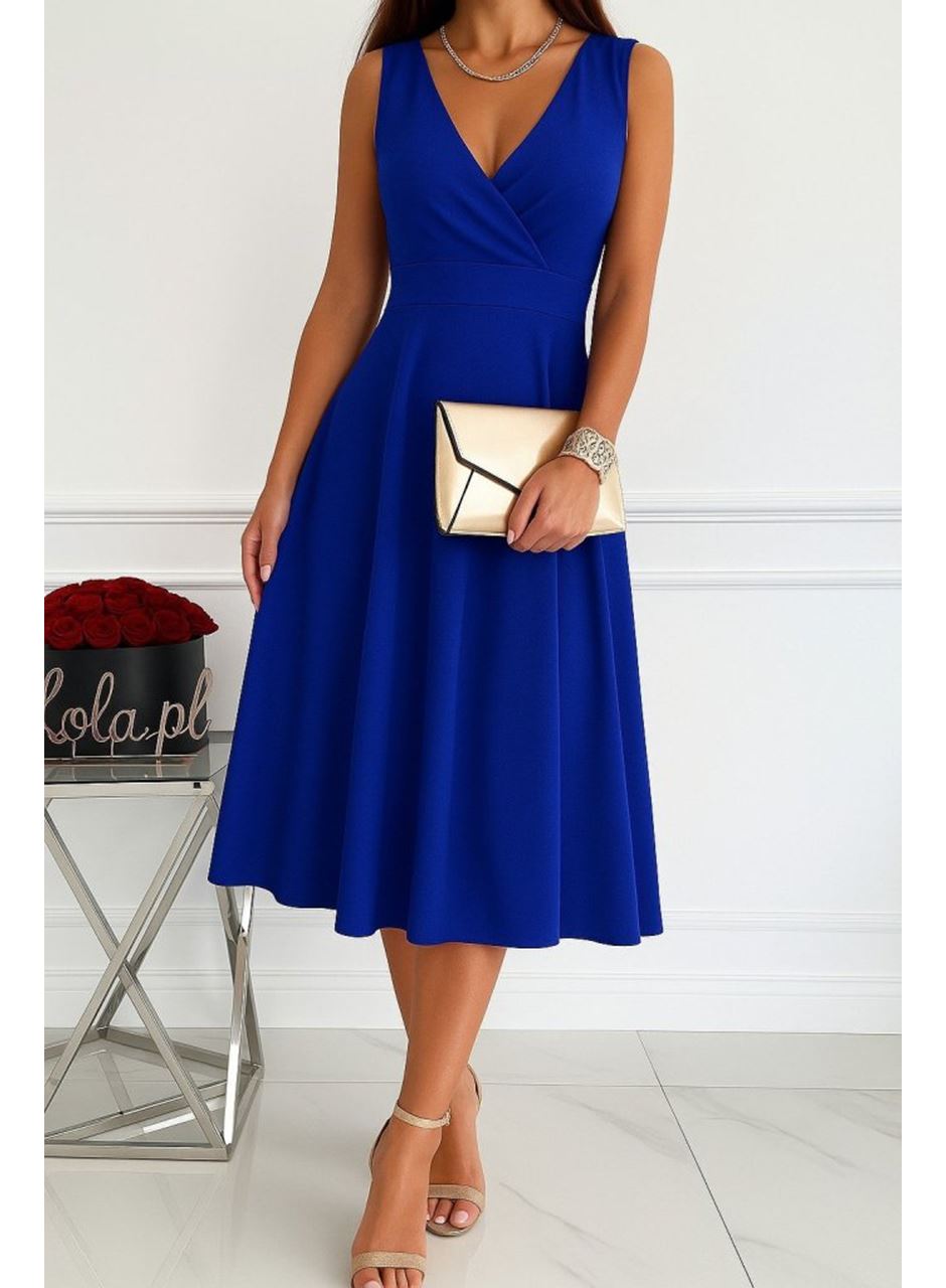 Kadın Ithal Krep Kumaş Kruvaze Yaka Eteği Kloş Kolsuz Mini Elbise