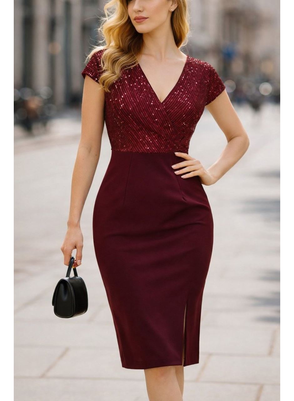 Kadın Kısa Kollu Kruvaze Yakalı ışıltı Detaylı Midi Ithal Krep Elbise