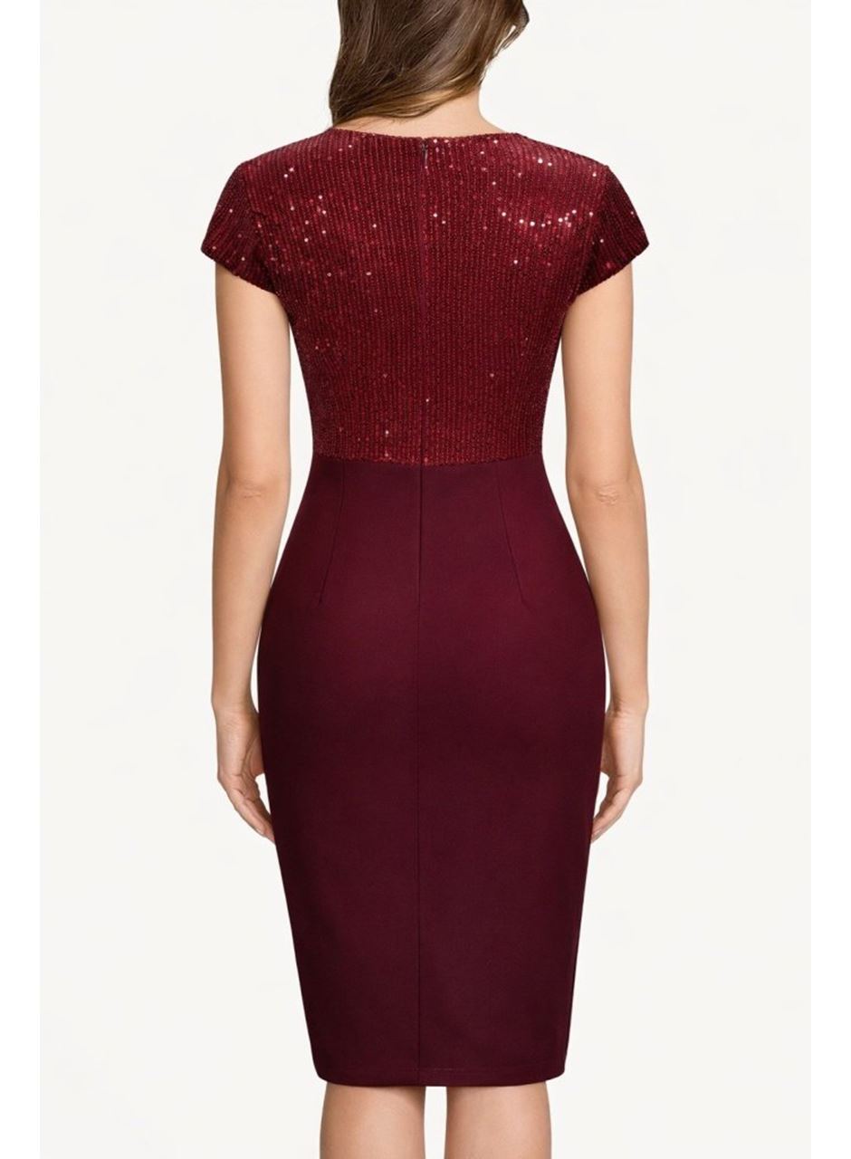 Kadın Kısa Kollu Kruvaze Yakalı ışıltı Detaylı Midi Ithal Krep Elbise