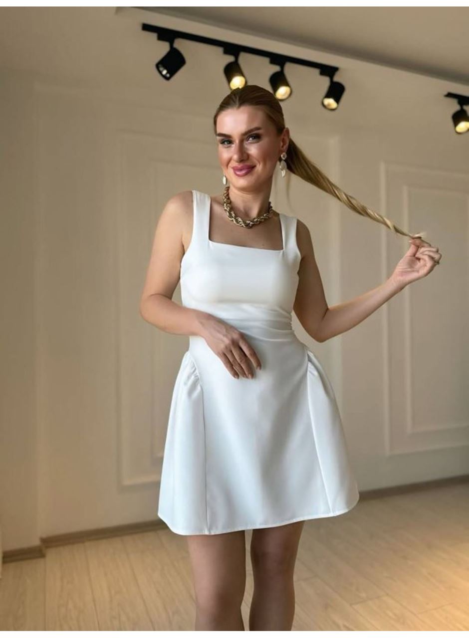 Kadın Omuz Askılı Kare Yaka Ithal Atlas Kumas Mini Elbise