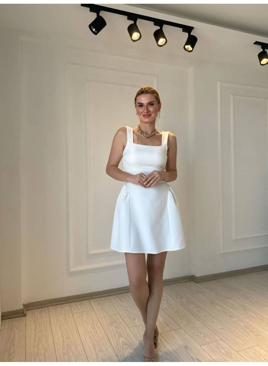 Kadın Omuz Askılı Kare Yaka Ithal Atlas Kumas Mini Elbise