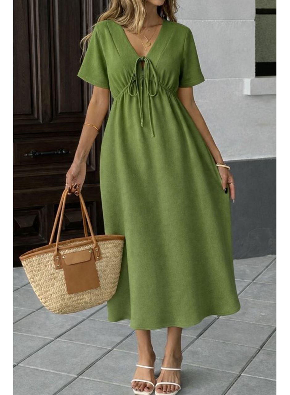 Kadın V Yaka Büzgülü Ip Detay Aerobin Kumaş Elbise