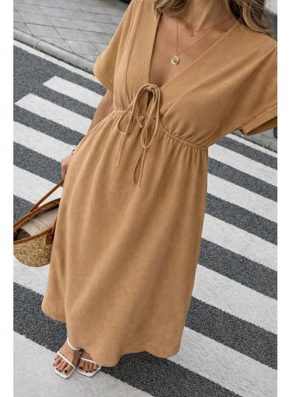 Kadın V Yaka Büzgülü Ip Detay Aerobin Kumaş Elbise