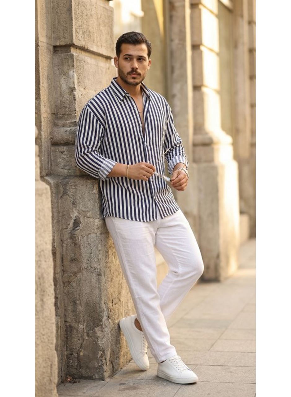 Erkek Dikey Çizgili Yarım Oversize Gömlek