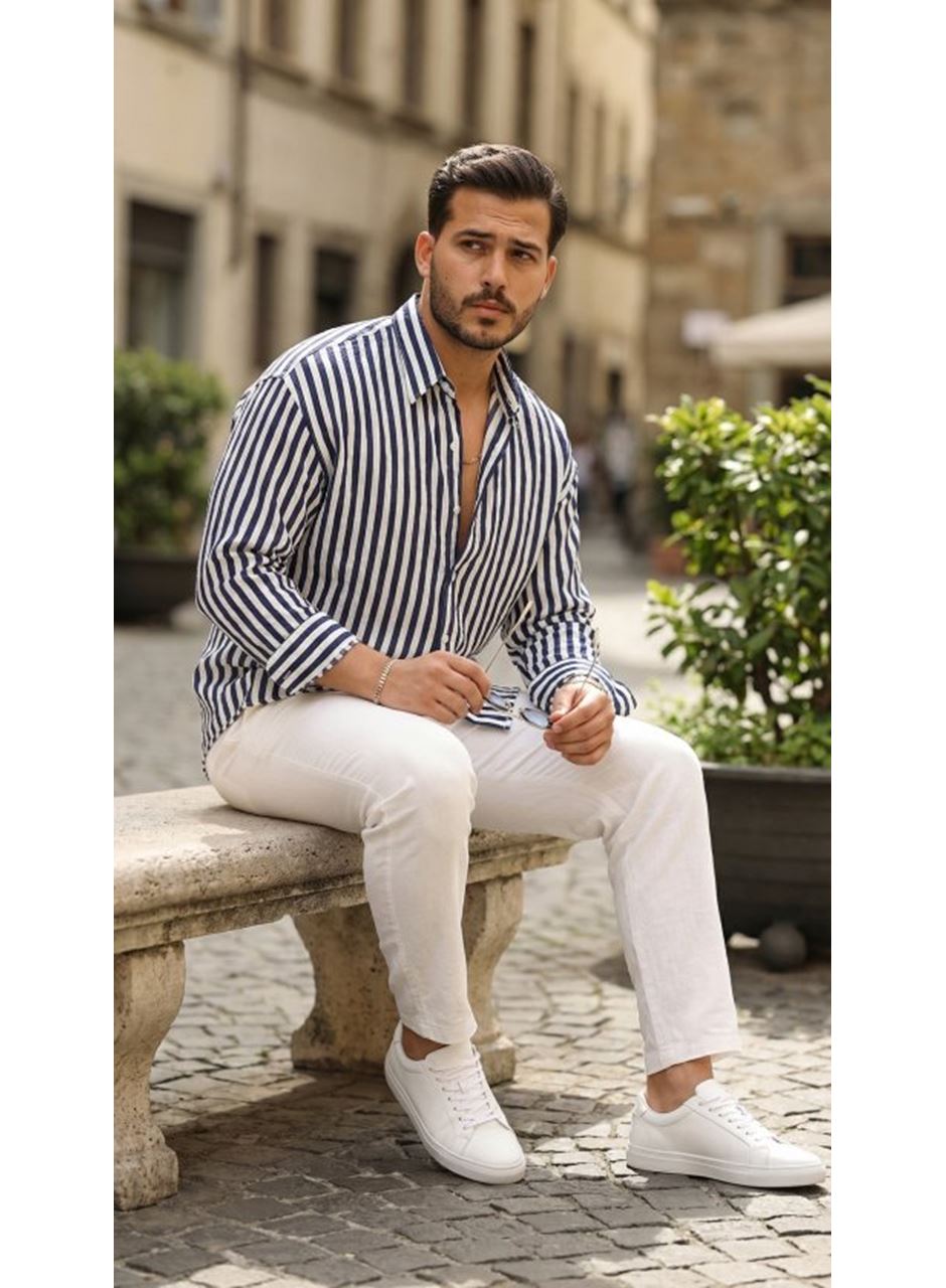 Erkek Dikey Çizgili Yarım Oversize Gömlek
