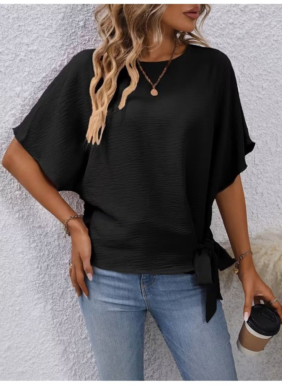 Kadın Kısa Kollu Bisiklet Yaka Yandan Bağcıklı Aerobin Bluz