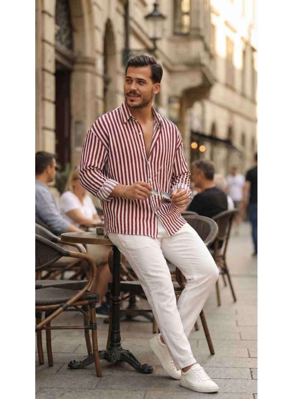 Erkek Dikey Çizgili Yarım Oversize Gömlek