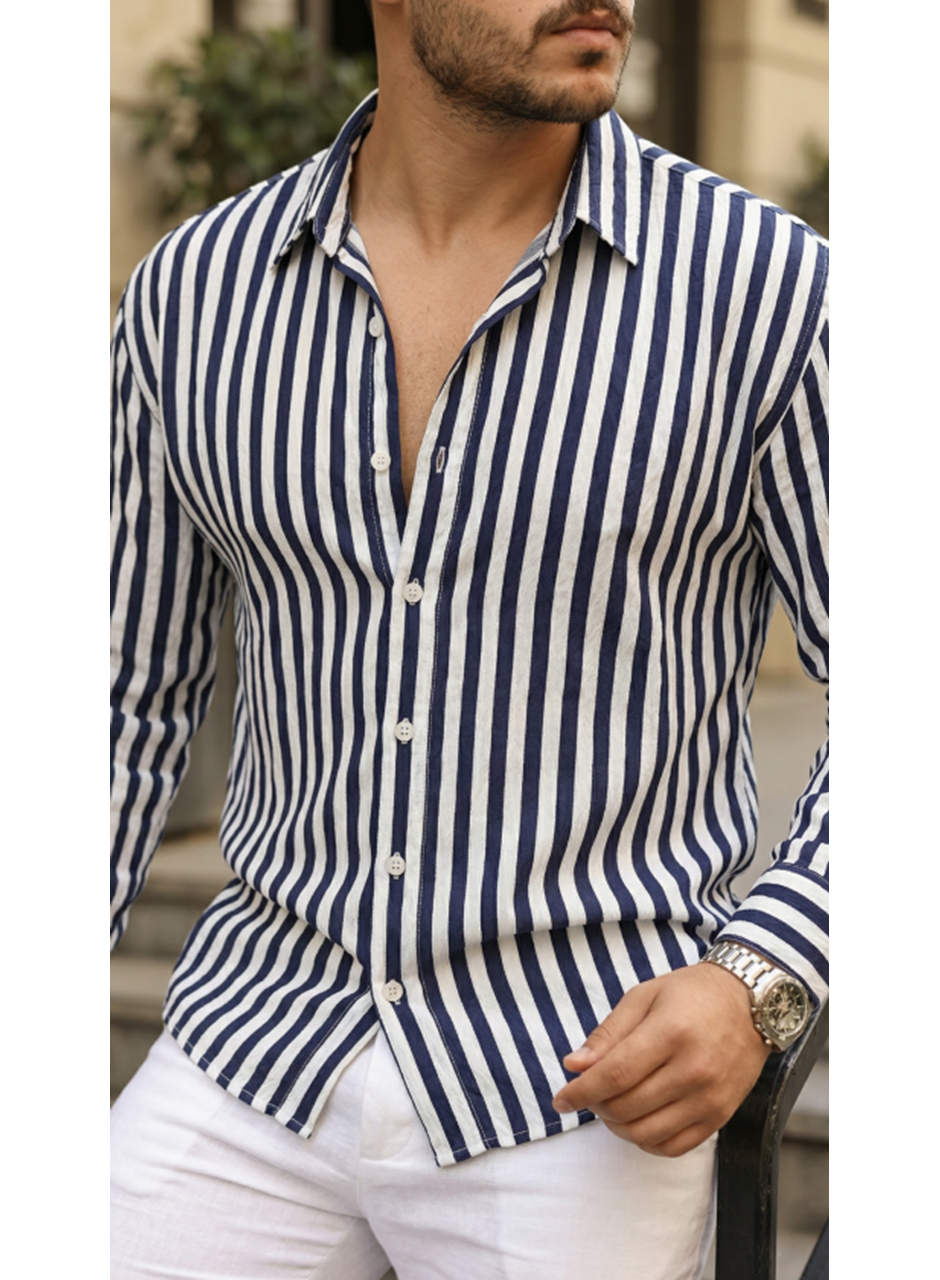 Erkek Dikey Çizgili Yarım Oversize Gömlek