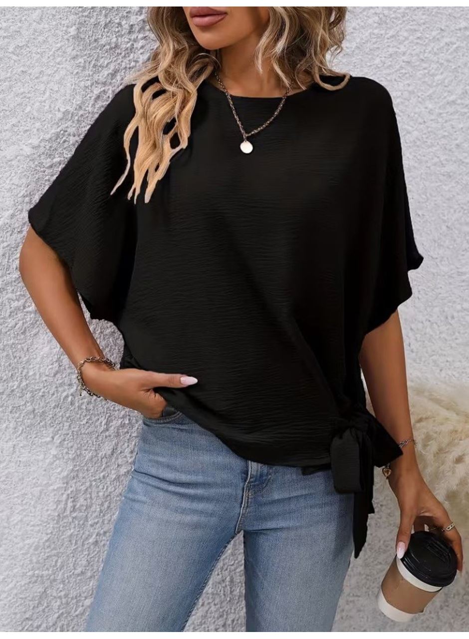 Kadın Kısa Kollu Bisiklet Yaka Yandan Bağcıklı Aerobin Bluz