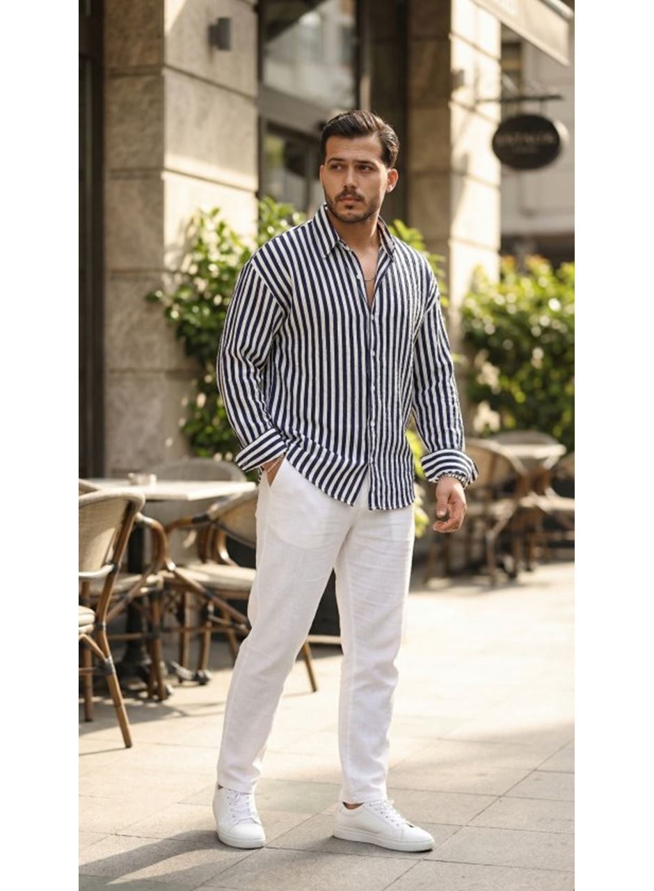 Erkek Dikey Çizgili Yarım Oversize Gömlek