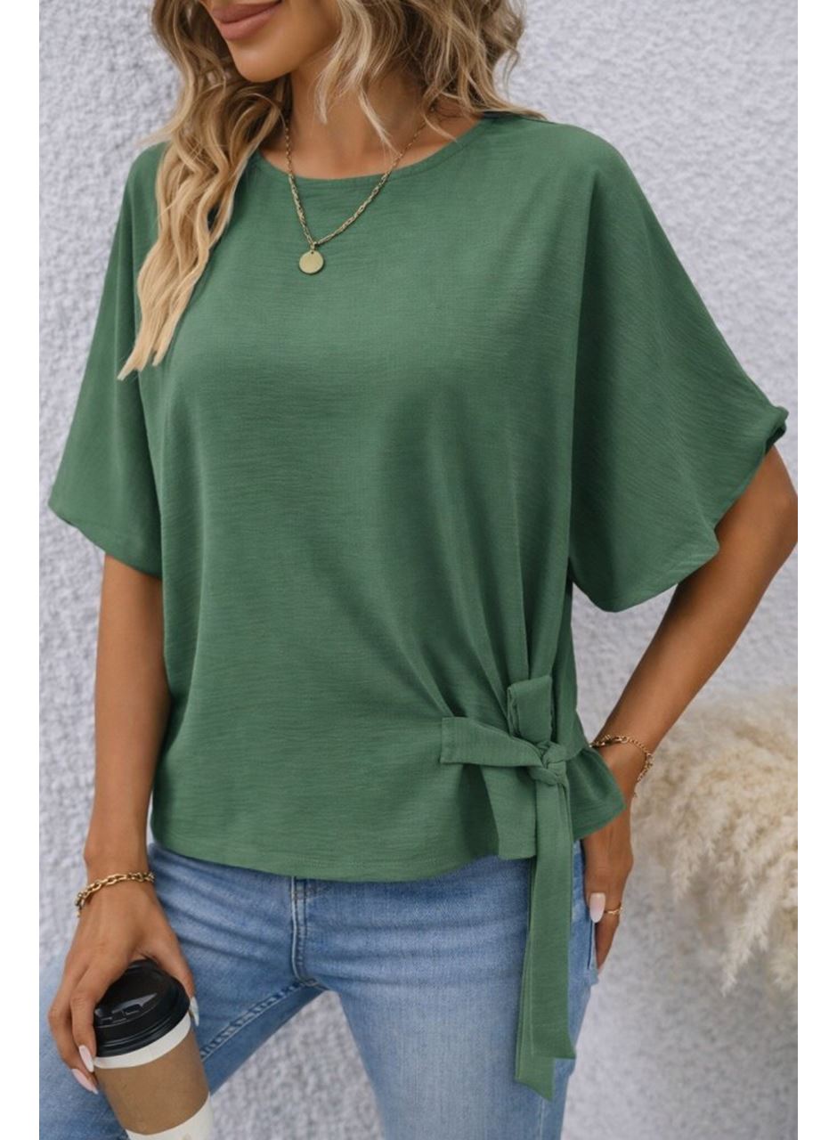 Kadın Kısa Kollu Bisiklet Yaka Yandan Bağcıklı Aerobin Bluz