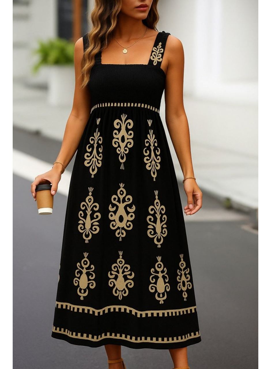 Kadın Askılı Kare Yaka Gipe Detaylı Desenli Suprem Elbise