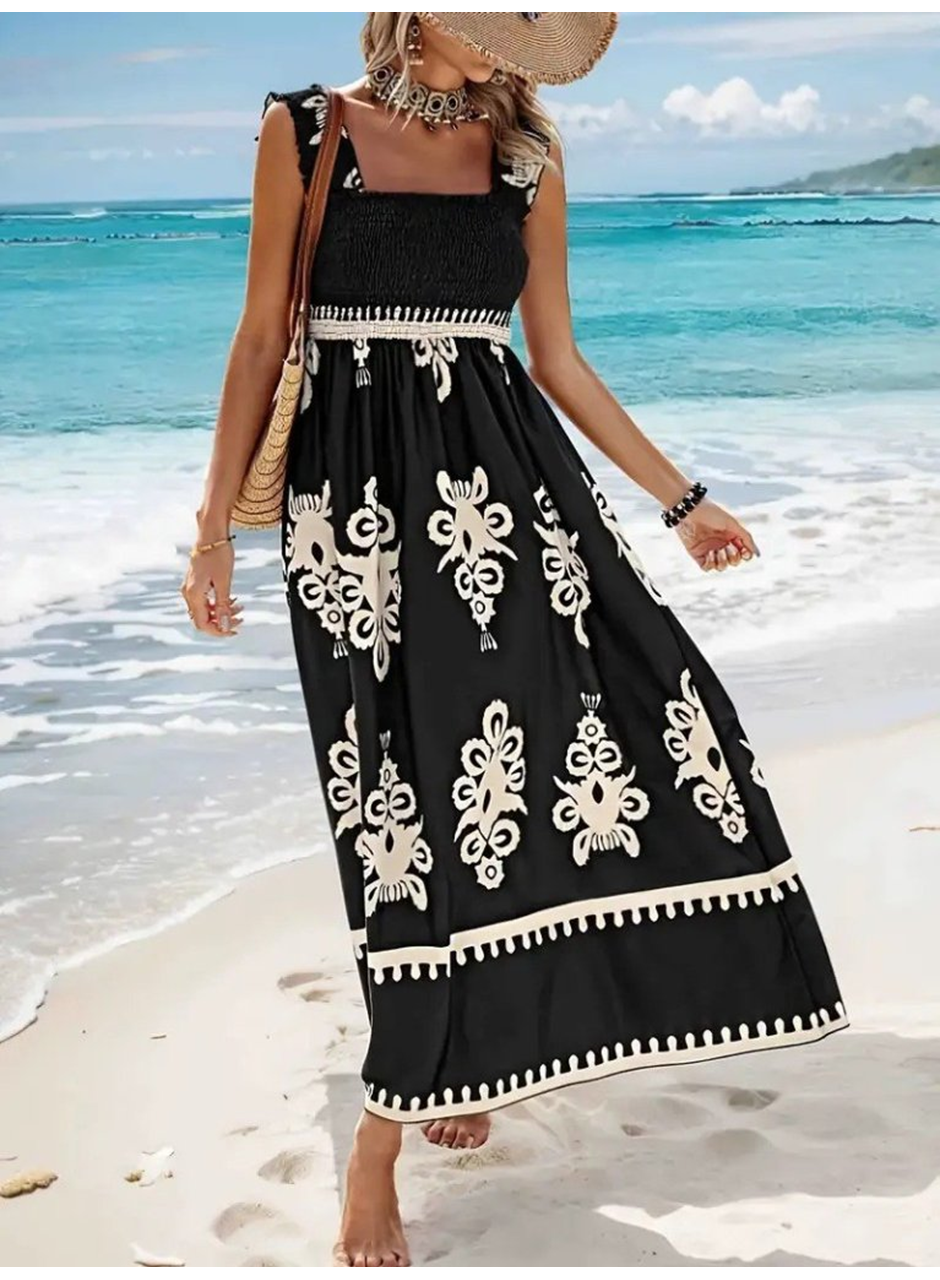 Kadın Askılı Kare Yaka Gipe Detaylı Desenli Suprem Elbise