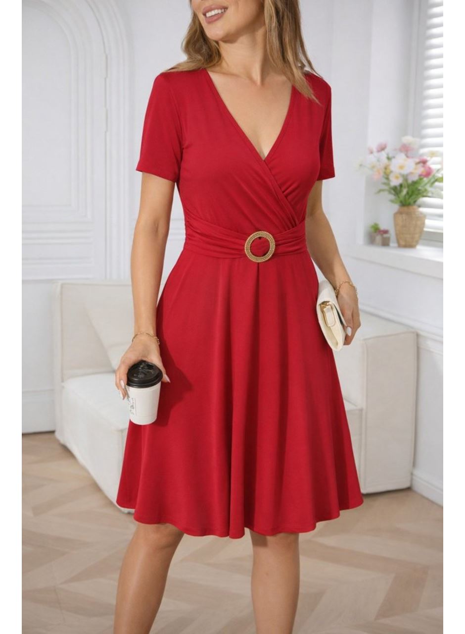 Kadın Kısa Kollu Kruvaze Yakalı önden Toka Detaylı Kısa Viskon Elbise