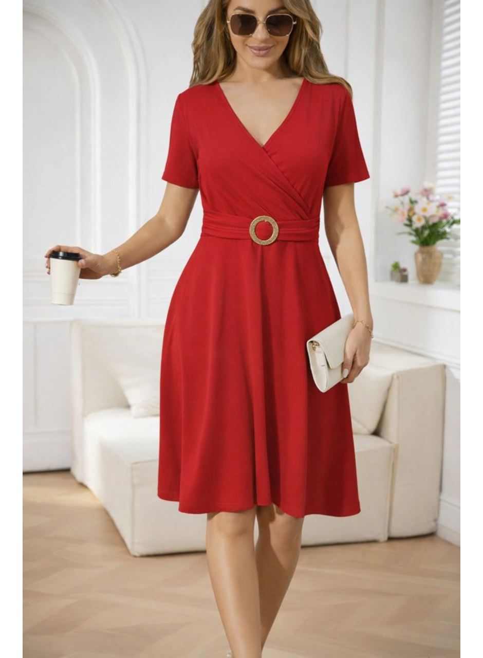 Kadın Kısa Kollu Kruvaze Yakalı önden Toka Detaylı Kısa Viskon Elbise