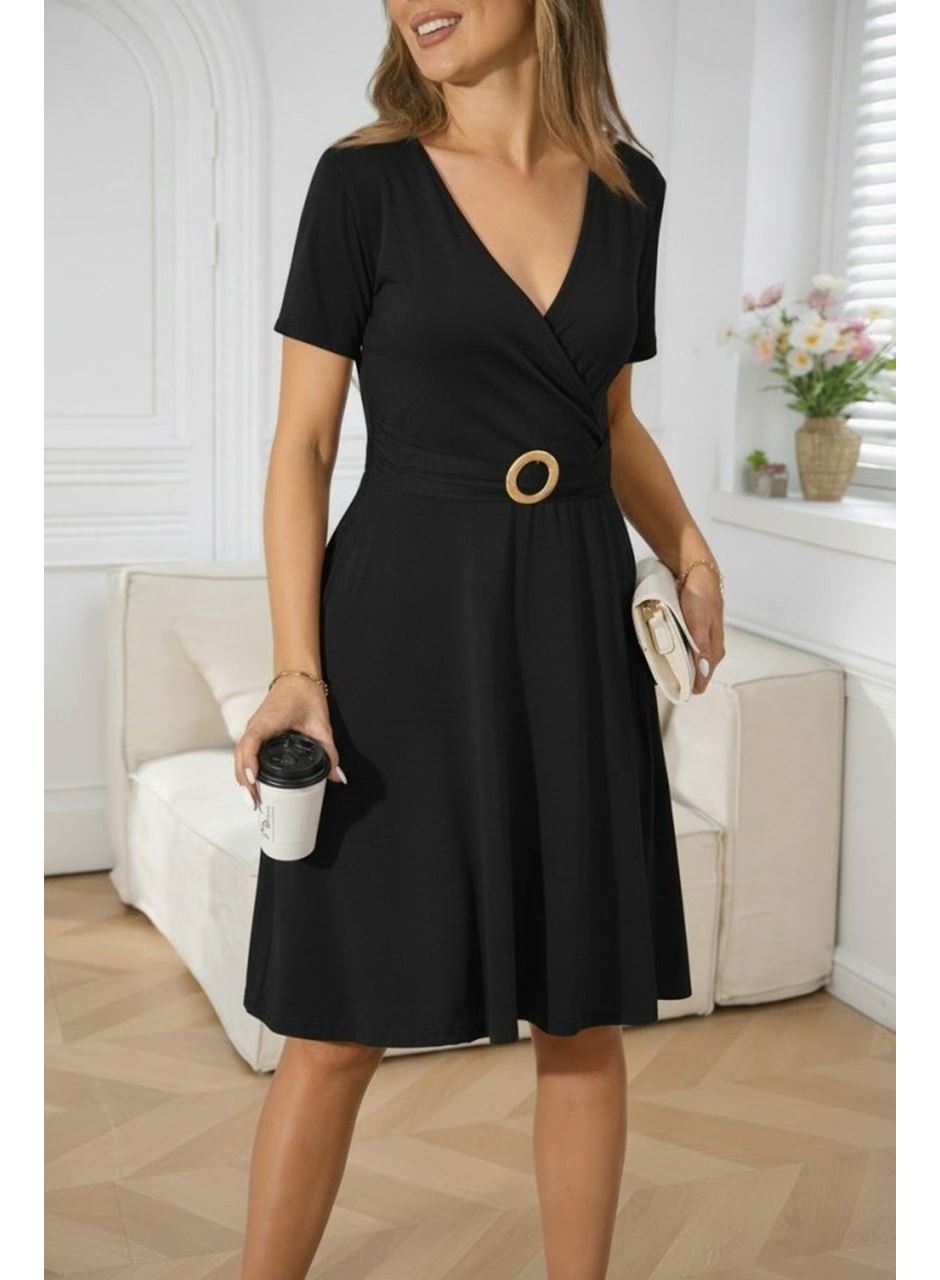 Kadın Kısa Kollu Kruvaze Yakalı önden Toka Detaylı Kısa Viskon Elbise