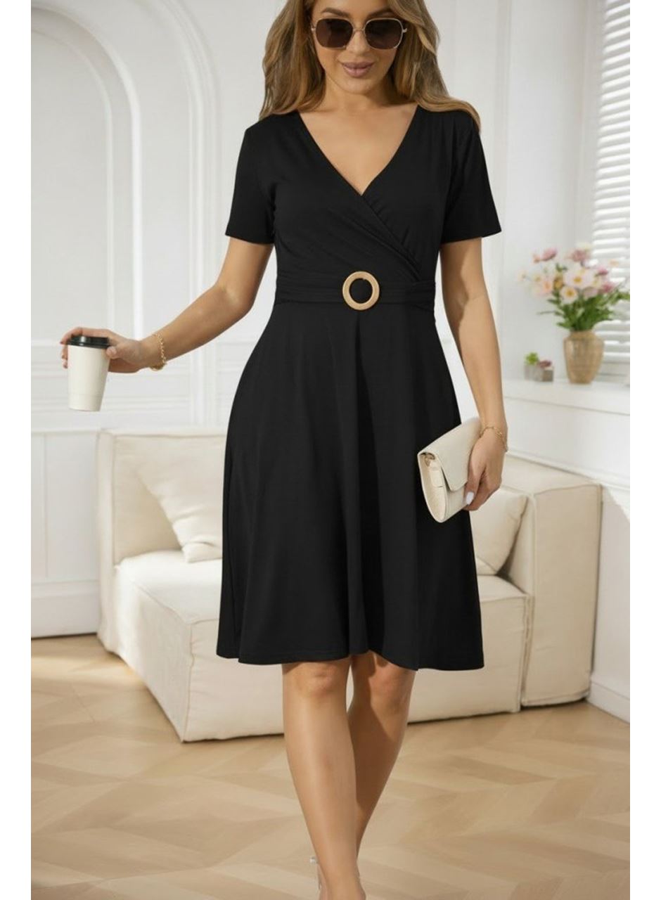 Kadın Kısa Kollu Kruvaze Yakalı önden Toka Detaylı Kısa Viskon Elbise