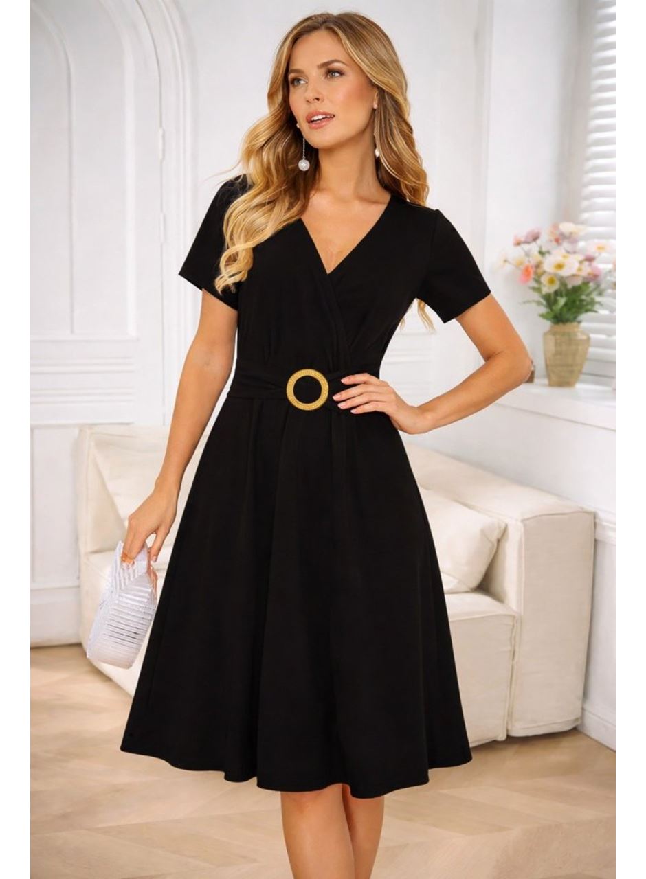 Kadın Kısa Kollu Kruvaze Yakalı önden Toka Detaylı Kısa Viskon Elbise