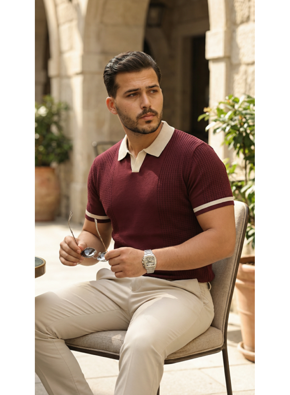 Erkek Renkli Yakalı File Desenli Kısa Kollu Tişört